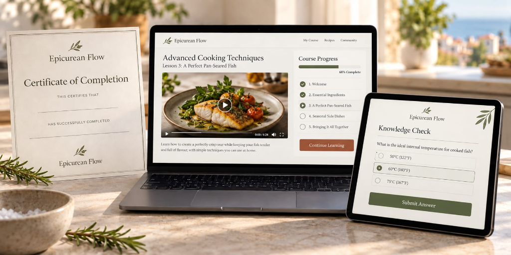 Interactive cooking course student experience showing laptop with Cooking Techniques module, progress tracking, knowledge check quiz, and certificate of completion