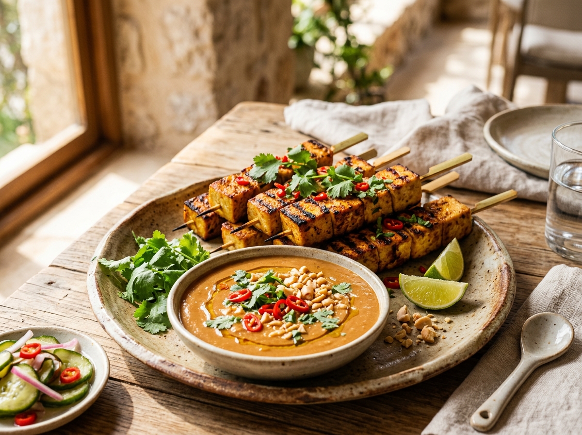 Vegan Tofu Satay with Warm Peanut Sauce